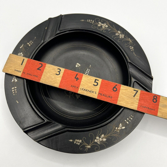 Vintage Matte Black Metal Ashtray With Gold Toned Etched Floral Designs, Boho - Picture 9 of 10